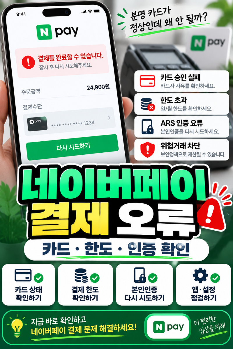 네이버페이 결제 오류 해결방법｜카드·한도·ARS 인증·위험거래 확인