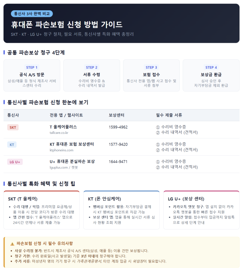 통신사 휴대폰 파손보험 신청 방법 비교 (SKT, KT, LGU+ 서류 총정리)