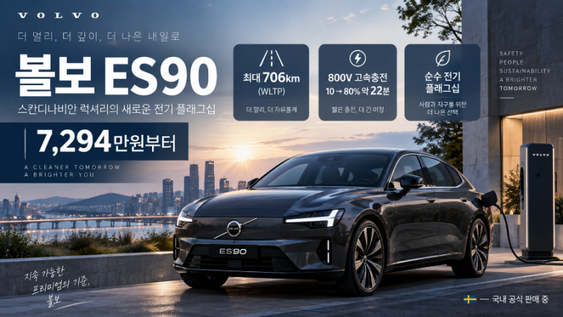 제목 2026 볼보 ES90 국내 출시｜가격 7,294만원부터·주행거리·충전시간 총정리
