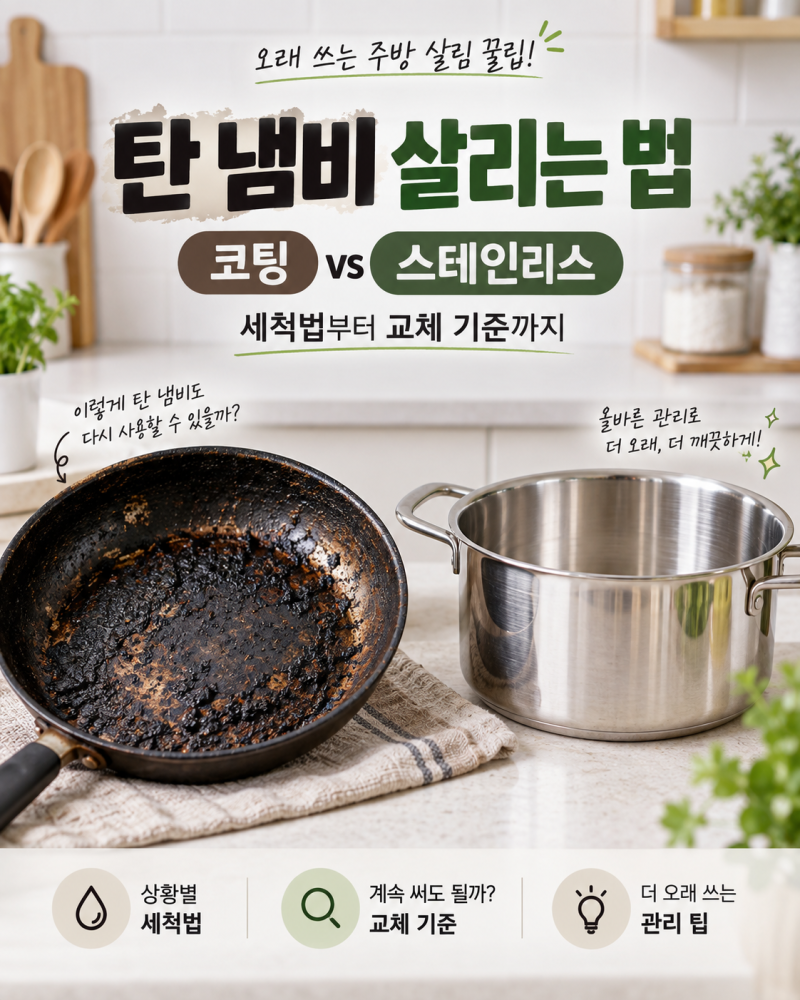 탄 냄비 세척법 총정리! 코팅 프라이팬과 스테인리스 냄비는 다릅니다