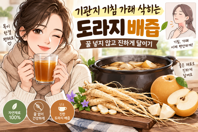 기관지 기침 가래 삭히는 도라지 배즙 꿀 없이 진하게 달이기 비법