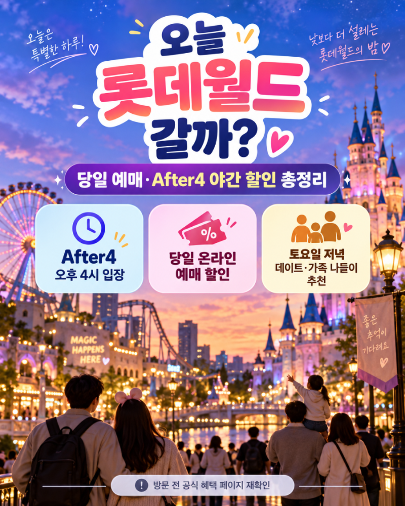 오늘 롯데월드 갈까? 당일 예매·After4 야간 할인 총정리｜토요일 지금 가도 될까