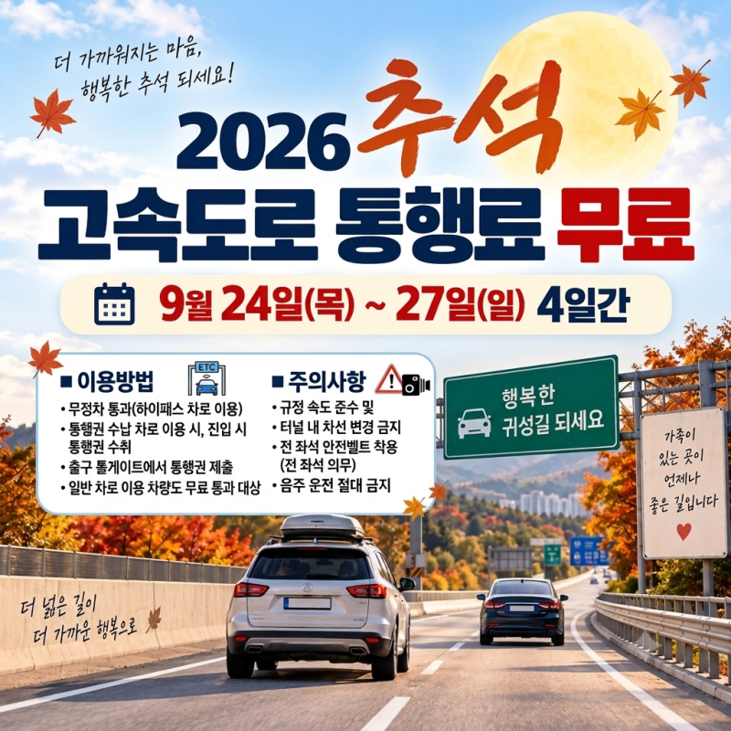 2026 추석 고속도로 통행료 무료 정보 총정리 | 추석통행료면제 전 고속도로무료기간 하이패....
