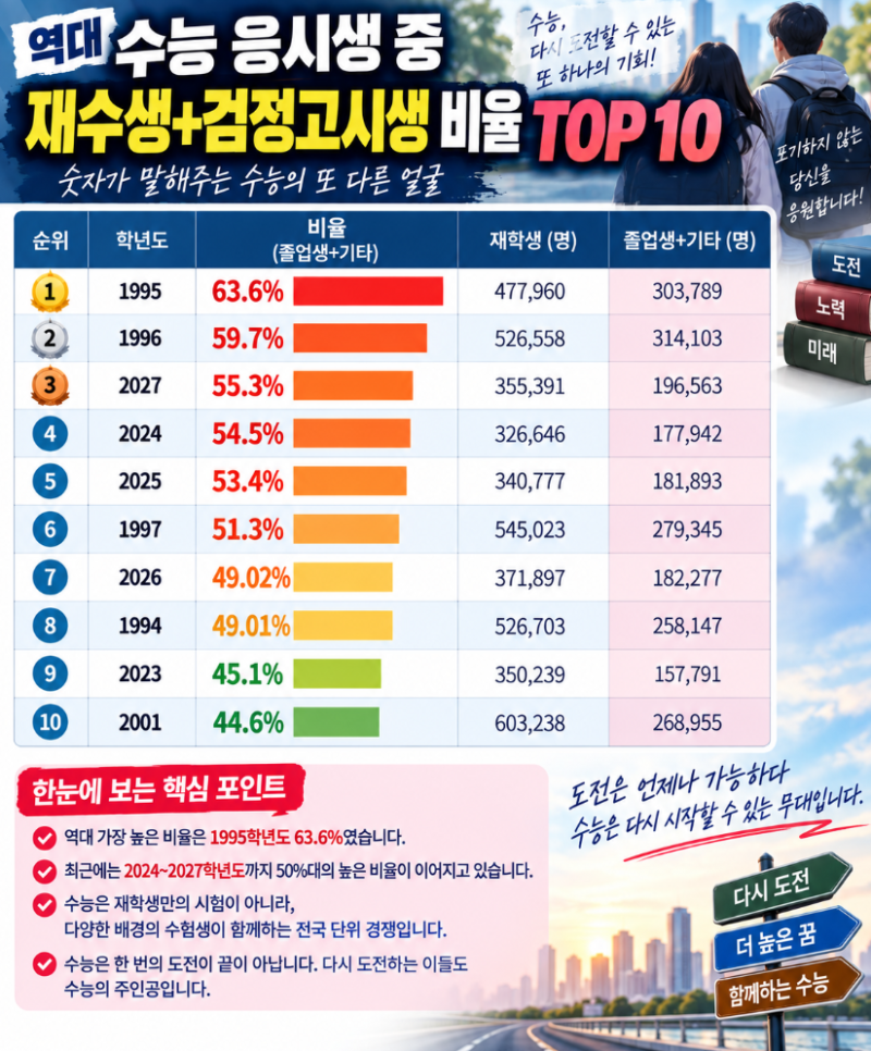 역대 검정고시와 재수생 응시율이 가장 높은 TOP 10은?