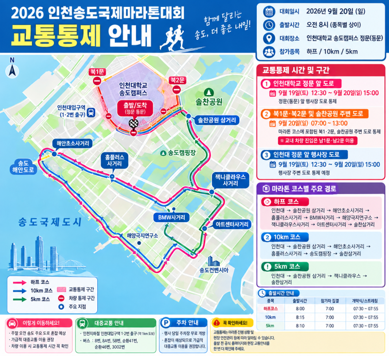 26년 09월 20일 / 인천송도국제마라톤 도로통제 시간·구간·지도