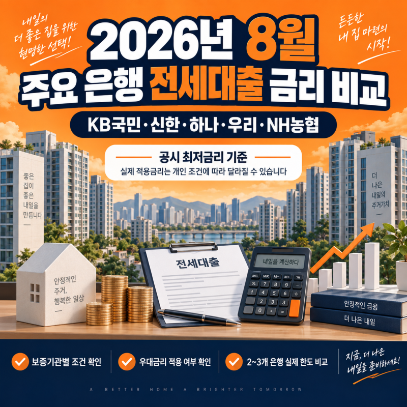 2026년 8월 공시 기준 주요 5대 은행 전세자금대출 금리