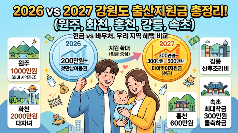 2026-2027 강원도 5개 지역 출산지원금 총정리 및 연도별 정책 비교 (원주·화천·홍천·강릉·속....