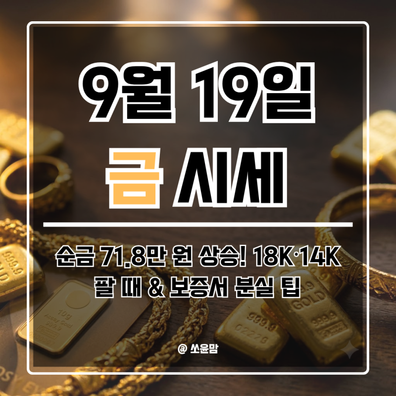 오늘 금시세 순금 1돈 71만 8천 원 상승! 18K·14K 금반지 팔 때 가격 (9/19)
