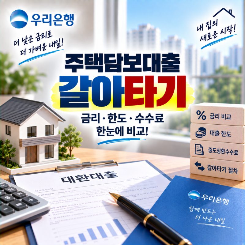 이자 부담 줄이는 최고의 방법, 우리은행 주택담보대출 갈아타기(대환대출) 금리·한도·중도....