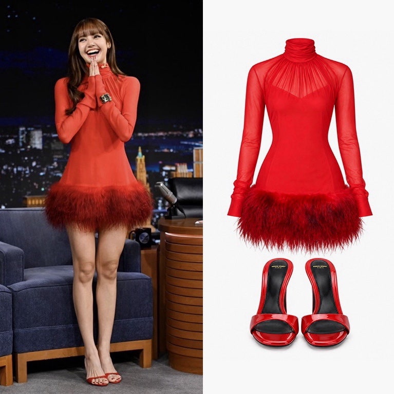 BLACKPINK Lisa's Jimmy Fallon Show Fashion: A Striking Red Mini Dress and Nail Details.