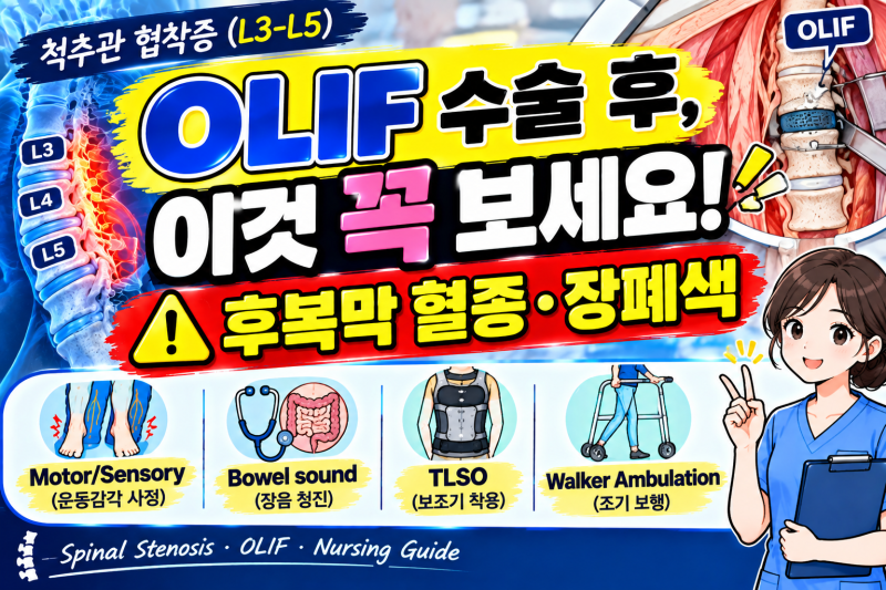 OLIF 수술 전·후 간호 총정리｜척추관 협착증 L3-L5 수술 간호·신경학적 사정·합병증·DAR 차팅