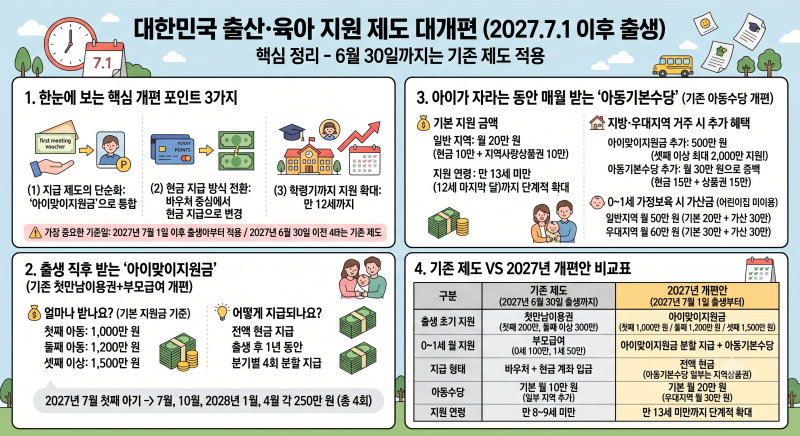[2027 출산·육아 정책 총정리] 첫째 1,000만 원? 아동기본수당 20만 원? 기존 제도와 뭐가 다른지....