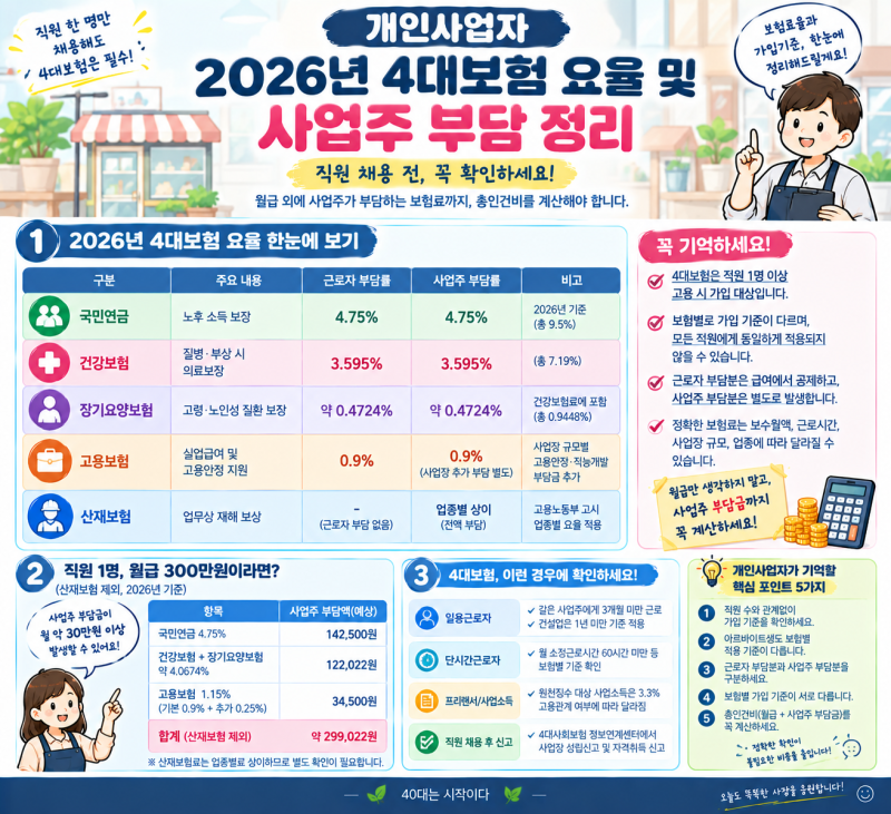 개인사업자 4대보험 가입 기준 총정리｜직원 1명 채용하면 사업주 부담은 얼마일까?