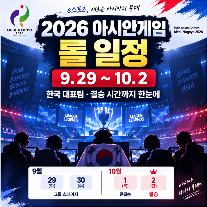 2026 아시안게임 롤 일정, 한국 대표팀 경기 날짜·선수 명단·결승 시간 정리