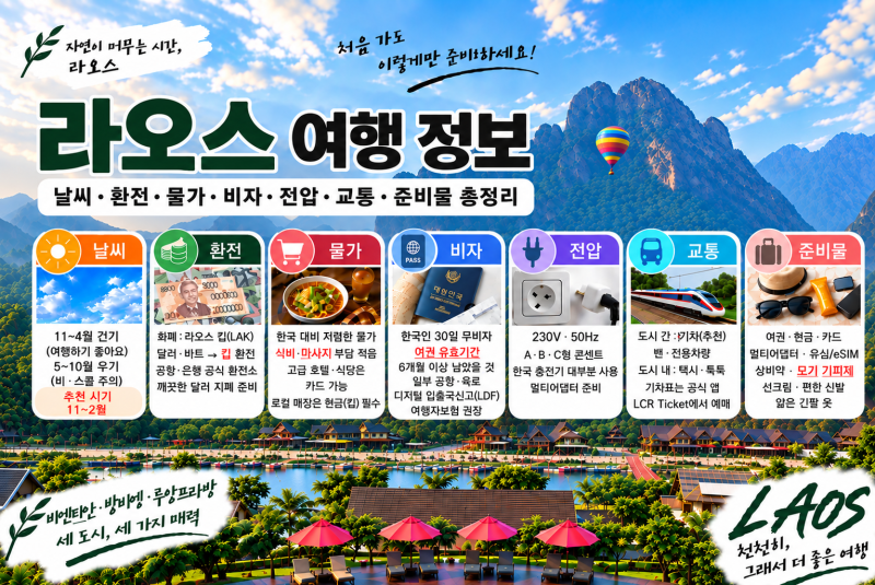 라오스 여행 정보｜날씨·환전·물가·비자·전압·교통·준비물 총정리 (2026. 10.)