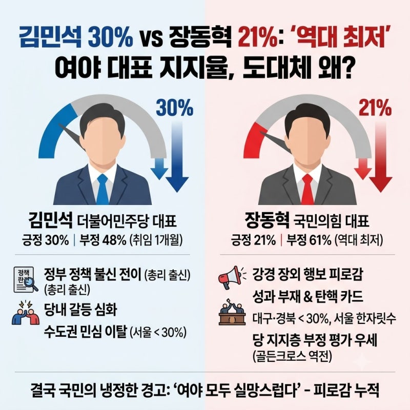 김민석 30% vs 장동혁 21%, 여야 대표 지지율 나란히 '역대 최저'… 도대체 왜?