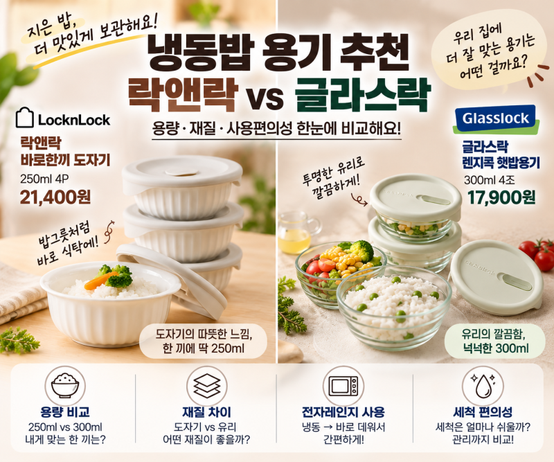 냉동밥 용기 추천 글라스락 락앤락 비교 용량 재질 차이
