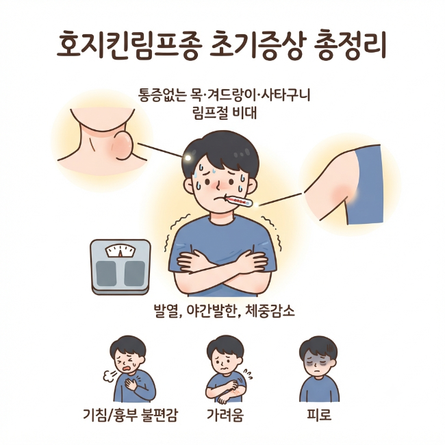 호지킨림프종 초기증상 총정리｜목·겨드랑이·사타구니 림프절 비대와 발열·야간발한·체....