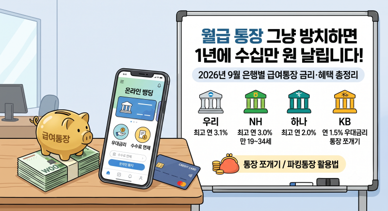 월급 통장 그냥 방치하면 1년에 수십만 원 날립니다! 2026년 9월 은행별 급여통장 금리·혜택 ....
