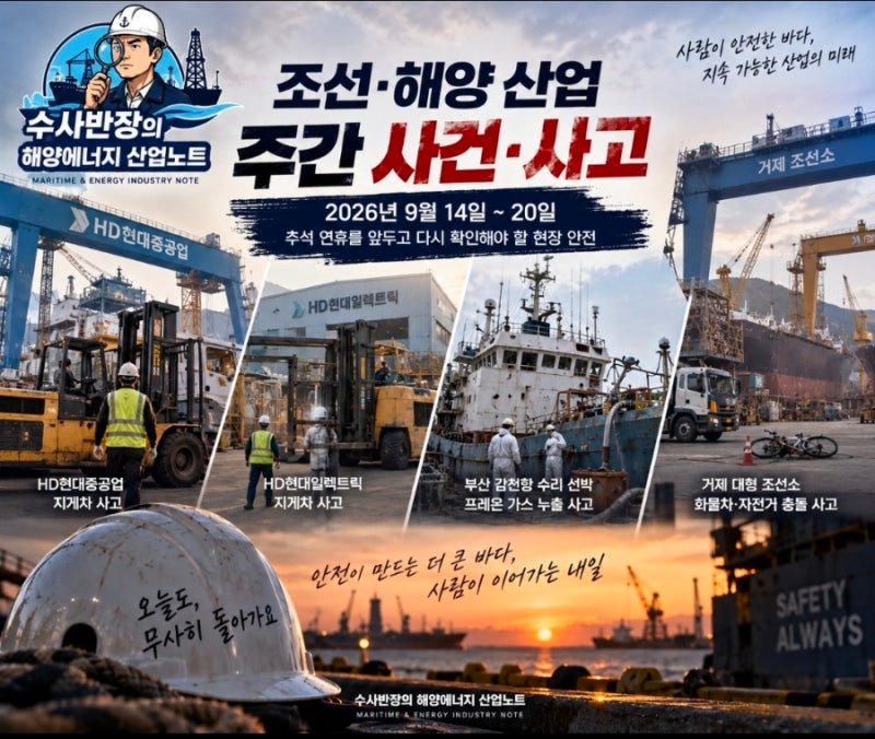 조선·해양 산업 주간 사건·사고 - 2026년 9월 14일~20일｜추석 연휴를 앞두고 반복되는 현장 ....