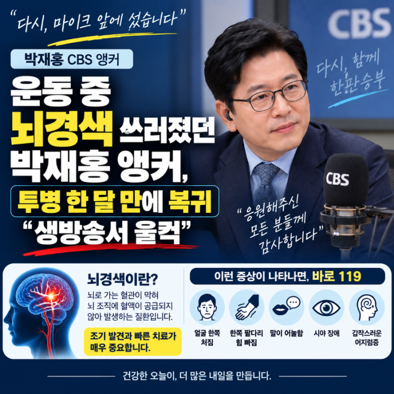 “운동 중 갑자기 쓰러졌다”…한 달 만에 돌아온 박재홍 앵커, 뇌경색이 보내는 신호는?