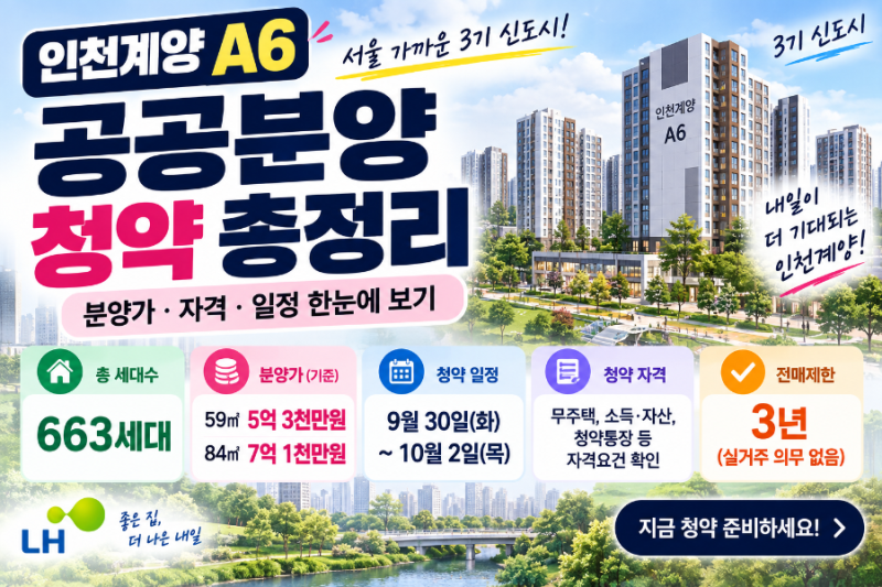 인천계양 A6 공공분양 청약 총정리｜분양가 5억대·자격·일정 알아보기
