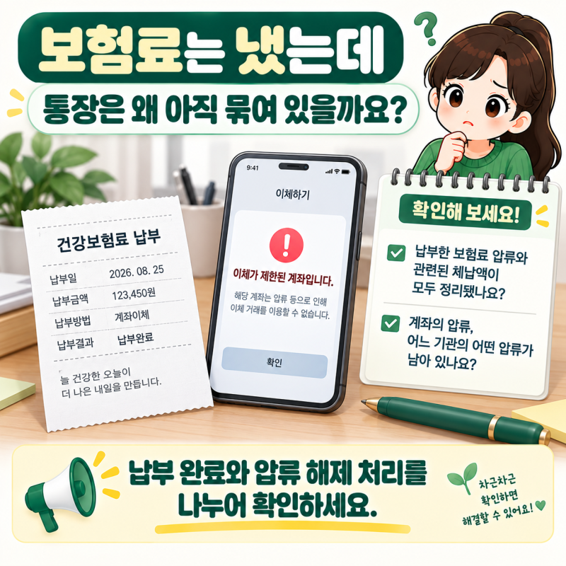 건강보험료 체납을 정리했는데 통장 압류가 그대로예요. 어디에 확인하나요?
