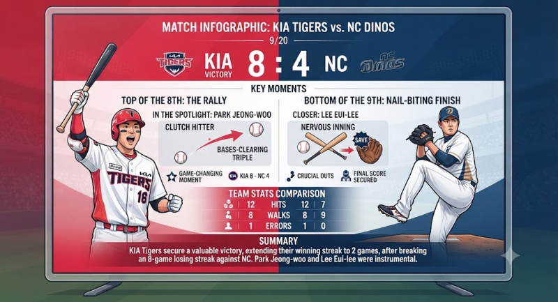 [경기 리뷰] KIA vs NC (9월 20일 창원) : 피 말리는 접전 끝 8:6 짜릿한 승리!