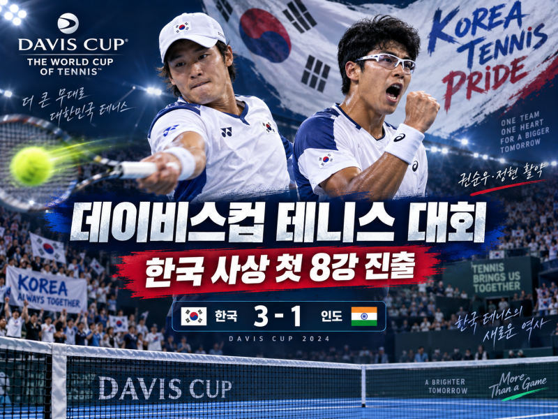 2026 데이비스컵 테니스 대회 한국 첫 8강 진출, 권순우·정현 인도 꺾고 새 역사