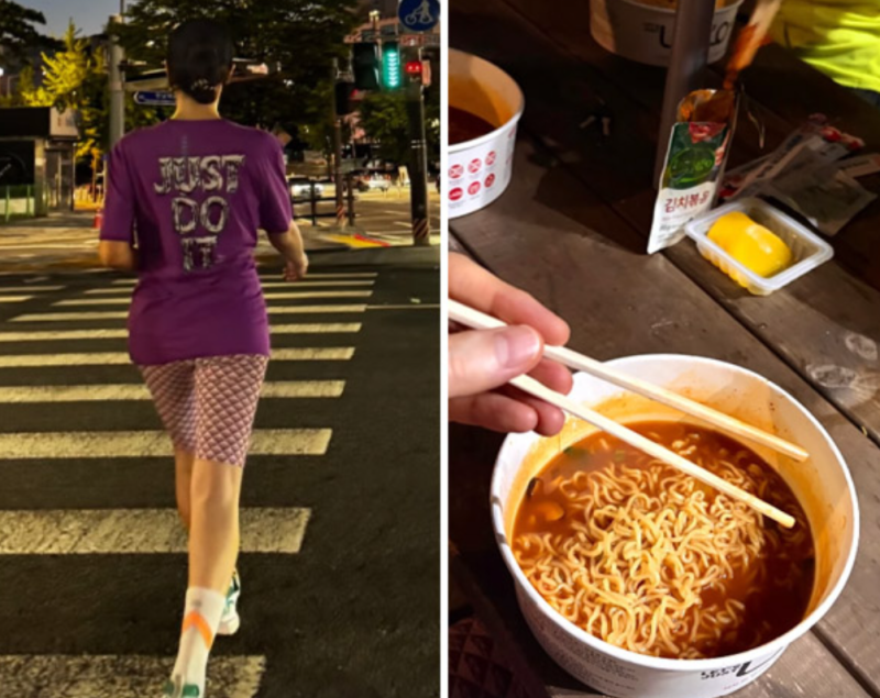 김혜수 러닝 후 한강 라면은 못 참지... 운동화 뒤축에 새겨진 hyesoo까지 눈길