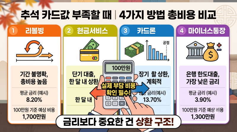 추석 카드값 부족할 때 리볼빙·현금서비스·카드론·마이너스통장 총비용 비교 (100만원 기준....