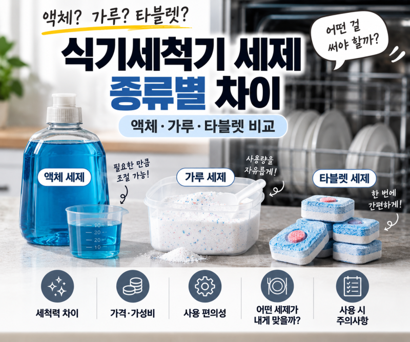 식기세척기 세제 종류 차이 액체 가루 타블렛 비교
