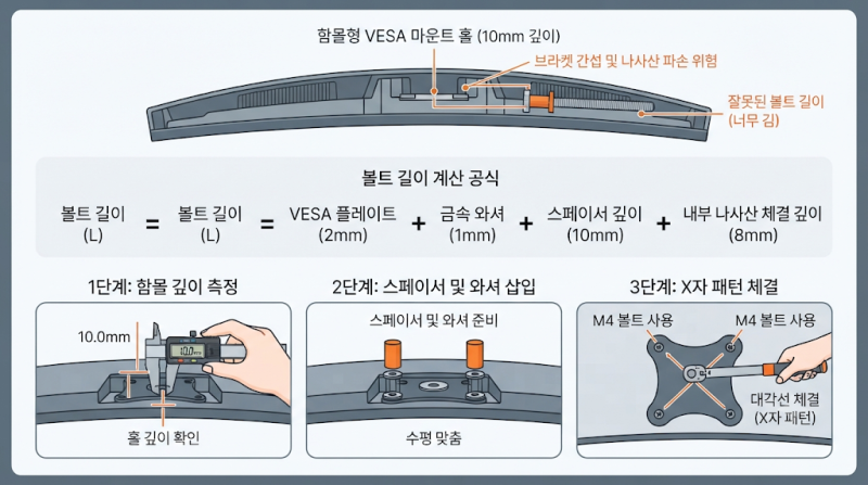 모니터암 베사홀 단차 불일치 해결법: 와셔 스페이서와 볼트 길이 계산 공식 3단계