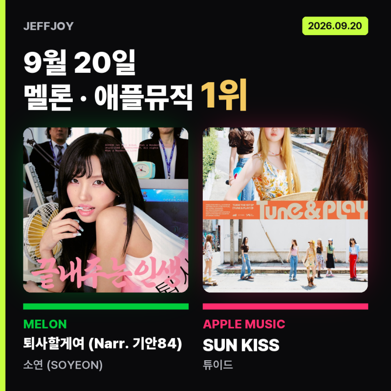 멜론차트 순위·애플뮤직 TOP100｜9월 20일 음원차트 순위, 소연·튜이드 1위