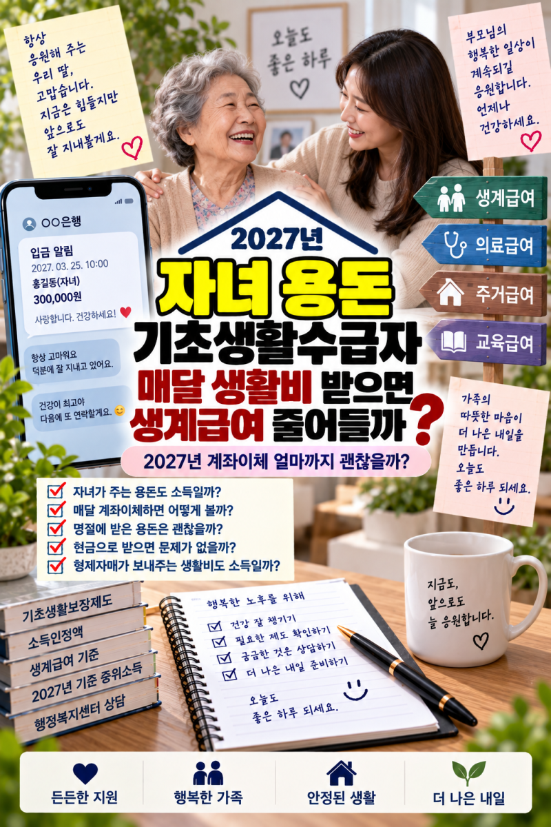 자녀 용돈 기초생활수급자, 매달 생활비 받으면 생계급여 줄어들까?｜2027년 계좌이체 얼마까....