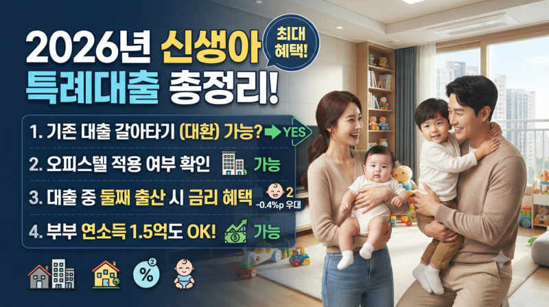 2026년 신생아 특례대출 갈아타기: 출산 우대금리, 오피스텔 적용 여부, 대출 중 둘째 출산, 부....
