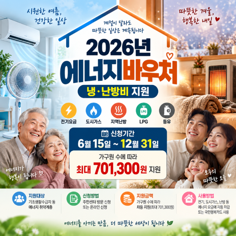 겨울 난방비 지원최대 70만1300원 2026 에너지바우처대상·신청방법 확인