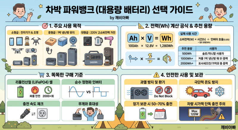 [차박 필수 가이드] 차박 파워뱅크 몇 Wh가 필요할까? 전력 계산 공식부터 구매 팁 & 안전 사용....