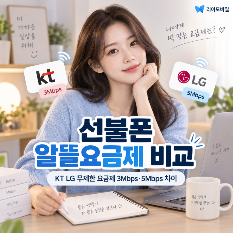 선불폰 알뜰요금제 비교｜KT LG 무제한 요금제 3Mbps·5Mbps 차이