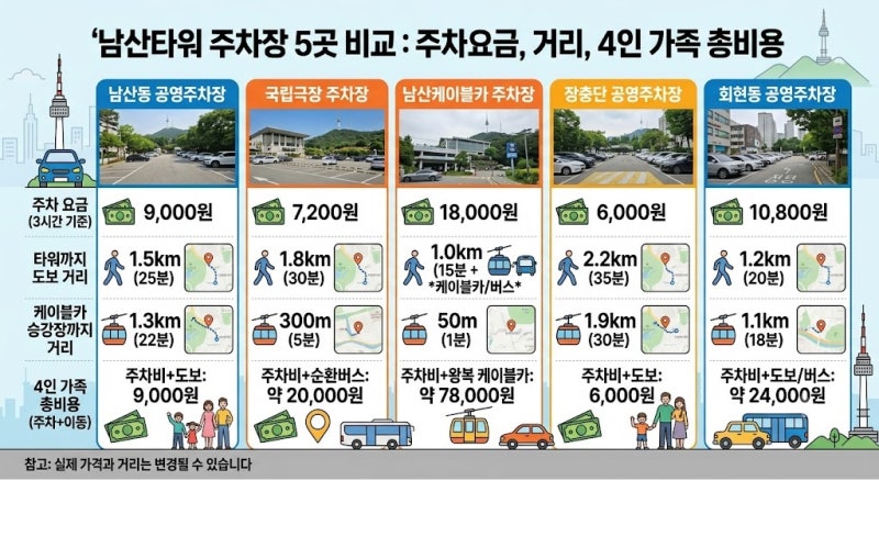 2026년 9월 남산타워 주차장 5곳을 주차요금, 타워까지 거리, 케이블카까지 거리, 4인 가족 총....