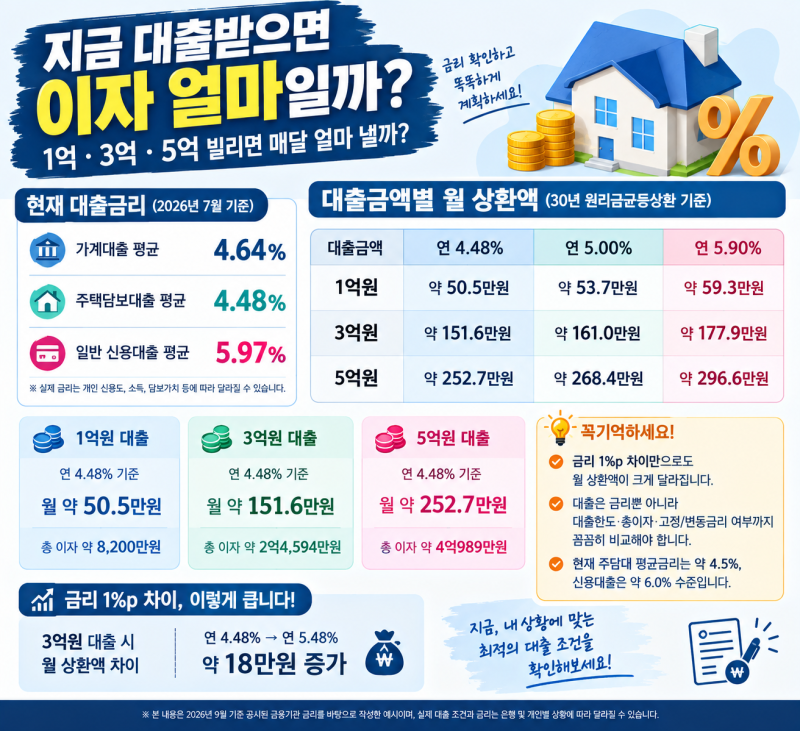 지금 대출받으면 이자 얼마? 1억·3억·5억 빌리면 매달 얼마 낼까