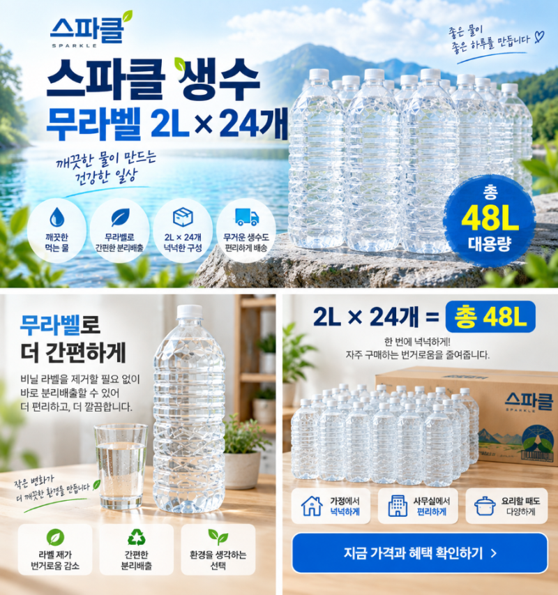 스파클 생수 무라벨 2L 24개, 대용량 생수 고를 때 확인할 점