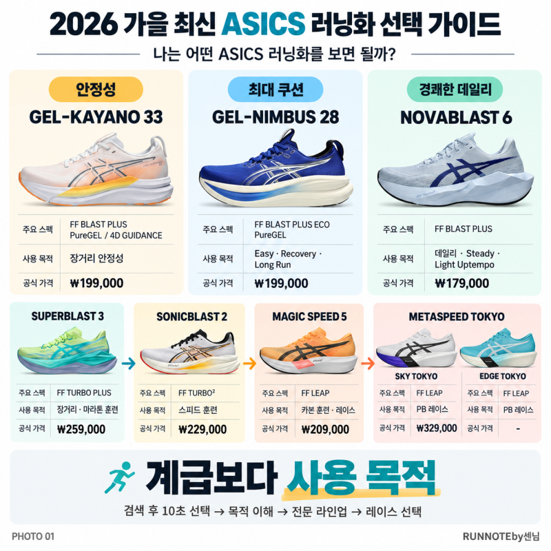 2026 가을 최신 아식스 러닝화 추천｜카야노33·님버스28·노바블라스트6부터 레이싱화까지