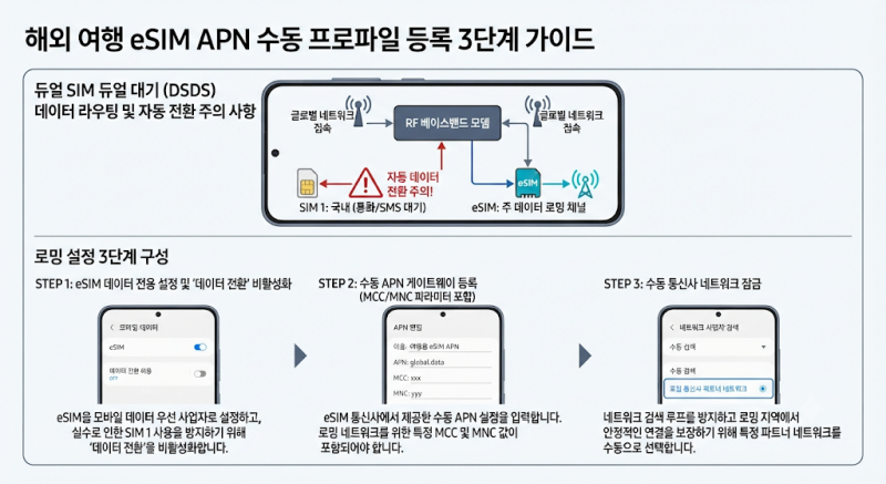 갤럭시 eSIM 듀얼심 데이터 로밍 끊김 해결법: 데이터 전환 차단과 APN 수동 등록 3단계
