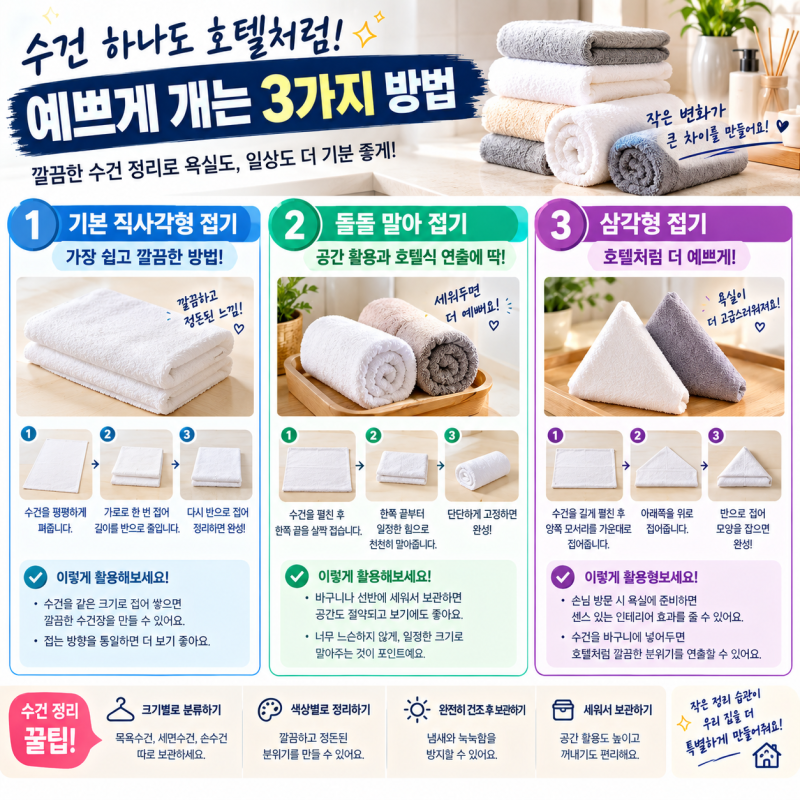 수건 이쁘게 개는법｜호텔처럼 깔끔하게 접는 3가지 방법