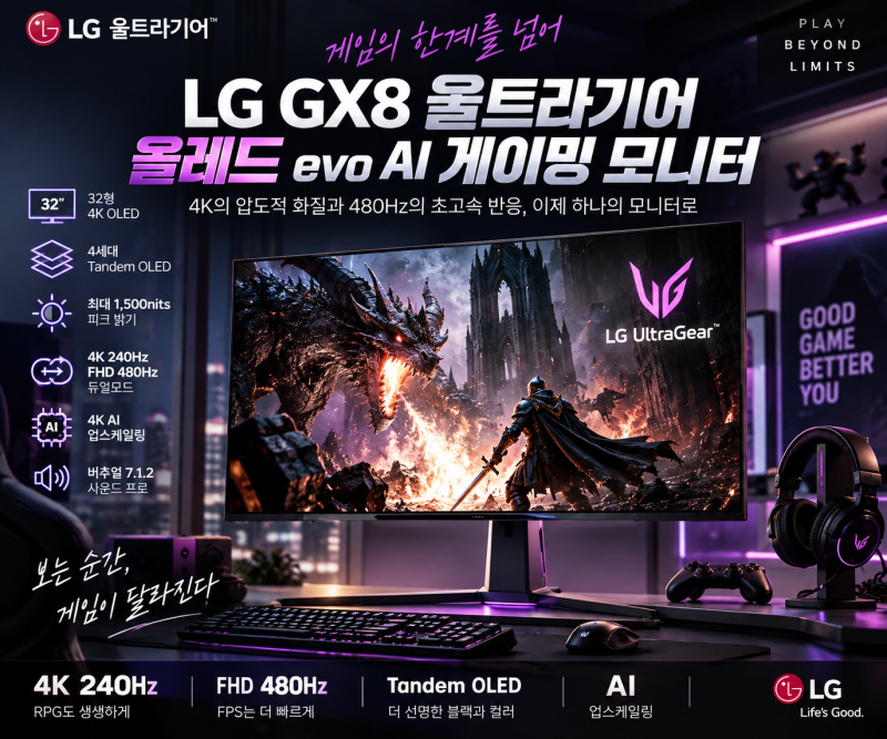 LG GX8 울트라기어 올레드 evo AI 32GX870B OLED UHD 4K 240Hz FHD 480Hz 듀얼모드 게이밍 모니터 4세대 탠....