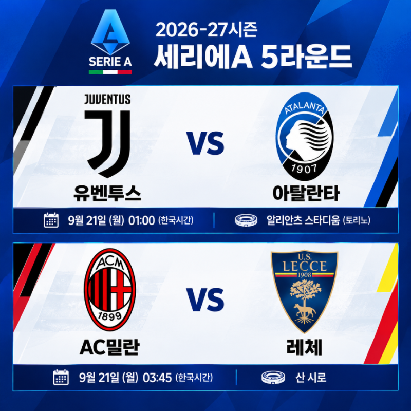 세리에A 5R 유벤투스 vs 아탈란타 · AC밀란 vs 레체 프리뷰