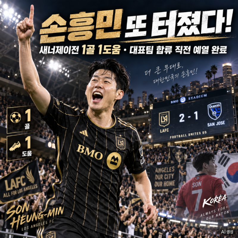 손흥민 또 터졌다! 새너제이전 1골 1도움 폭발…대표팀 합류 직전 ‘리그 6호골’