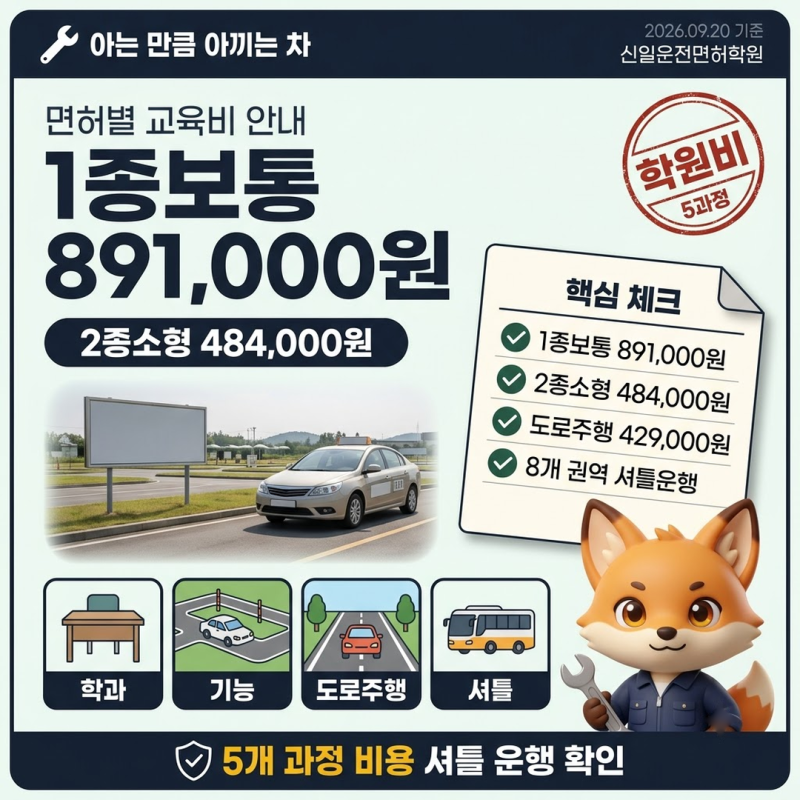 신일운전면허학원 1종 보통 891,000원, 2종 소형은 484,000원