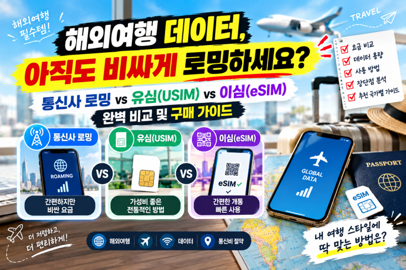 "해외여행 데이터, 아직도 비싸게 로밍하세요?" 통신사 로밍 vs 유심(USIM) vs 이심(eSIM) 완벽 비....